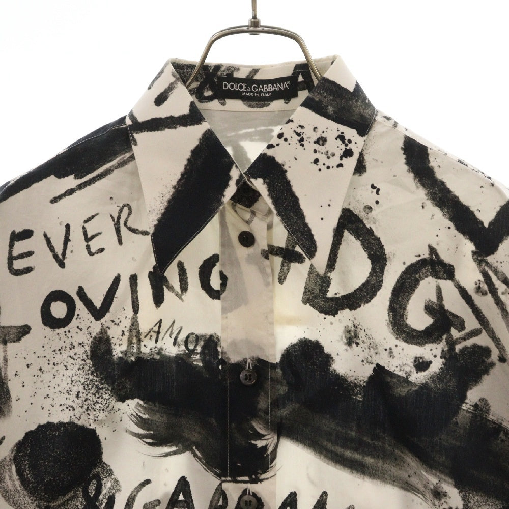 DOLCE & GABBANA(ドルチェアンドガッバーナ) グラフィックプリント ドレスカラー レイヤーデザイン 長袖シャツ F5N84T ホワイト/ブラック