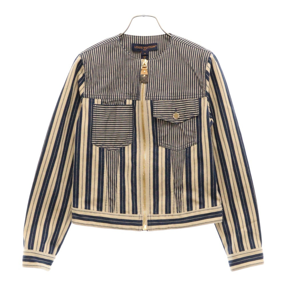 LOUIS VUITTON(ルイヴィトン) 24AW Mixed Stripes Utility Jacket パッチワーク ノーカラー ジップアップ ストライプ デニムブルゾン ジャケット 1AC1CJ インディゴ