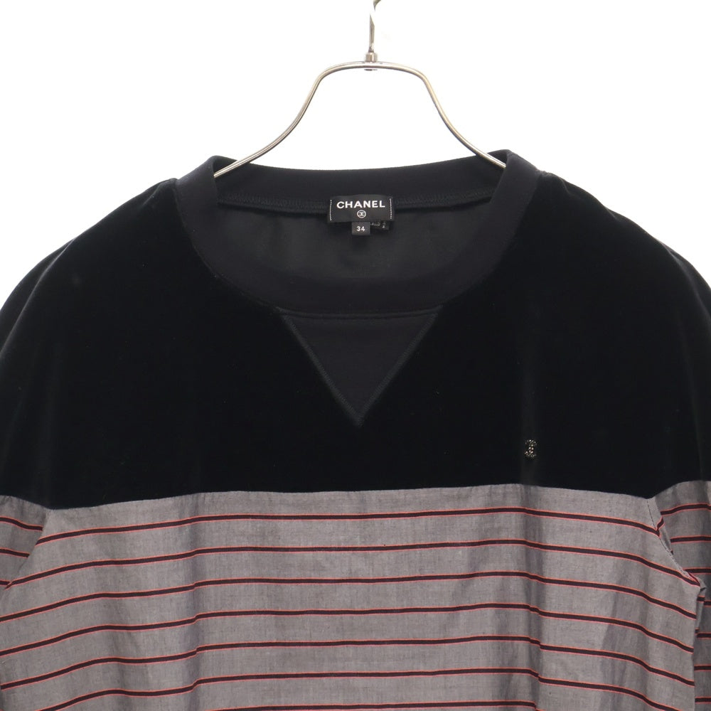 CHANEL(シャネル) 22AW ベルベット切替 ボーダー クルーネックスウェットシャツ トレーナー P73405 ブラック レディース