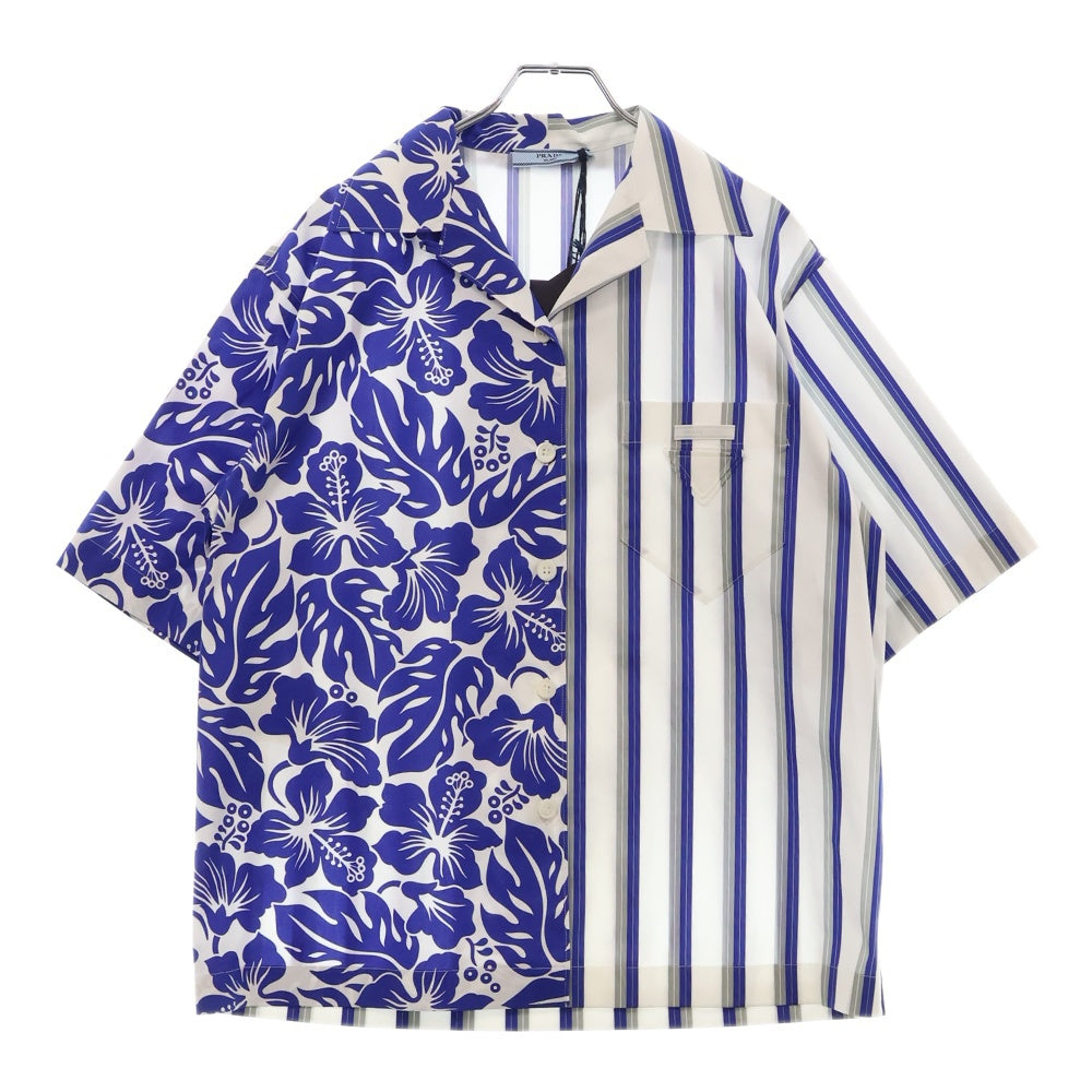 PRADA(プラダ) ストライプ アロハ柄切り替え 半袖アロハシャツ P433B0 ブルー レディース