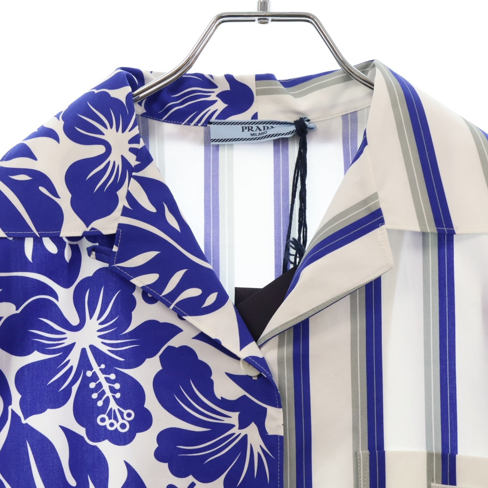 PRADA(プラダ) ストライプ アロハ柄切り替え 半袖アロハシャツ P433B0 ブルー レディース