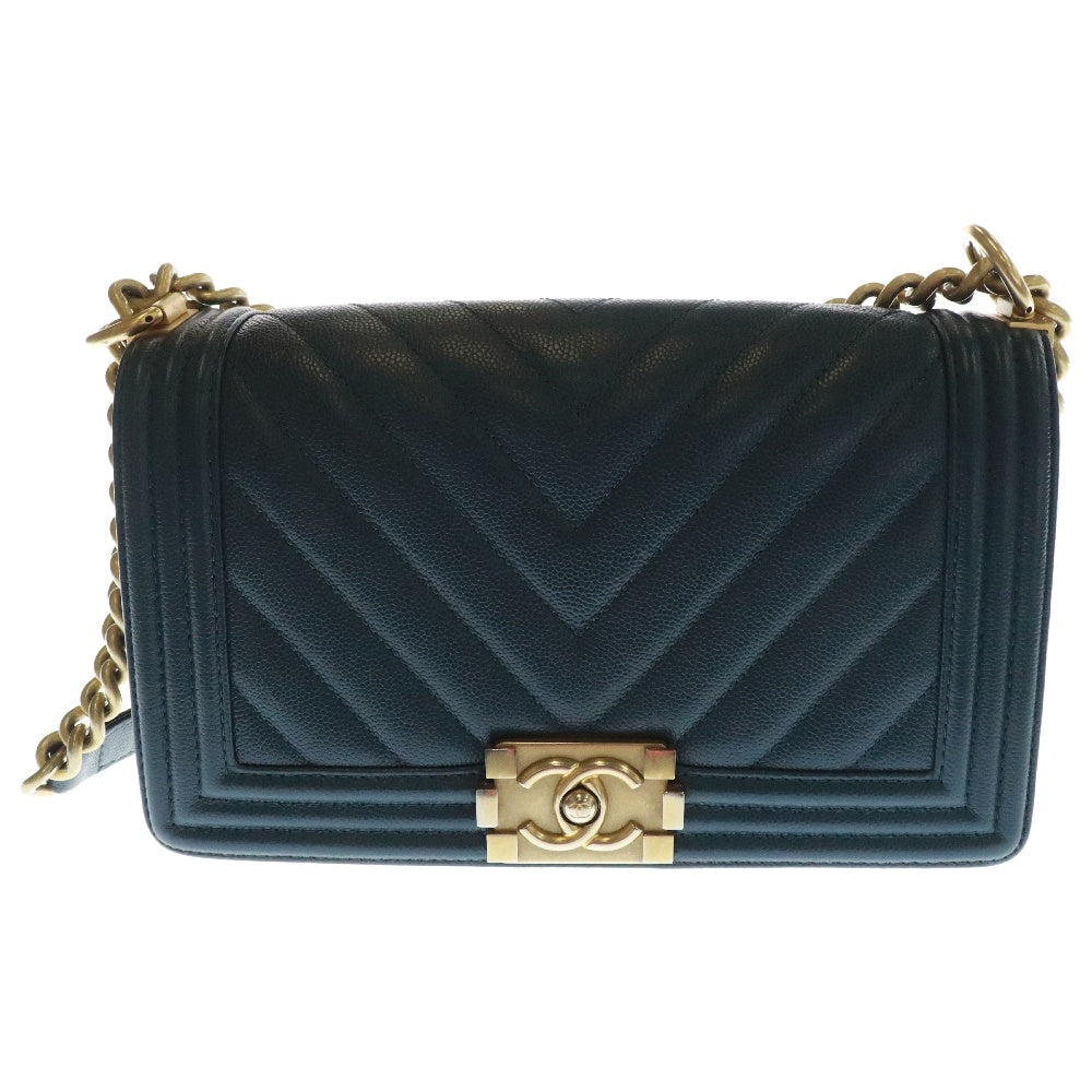 CHANEL(シャネル) キャビアスキン ボーイシャネル ゴールド金具 チェーンショルダーバッグ A67086 ネイビー