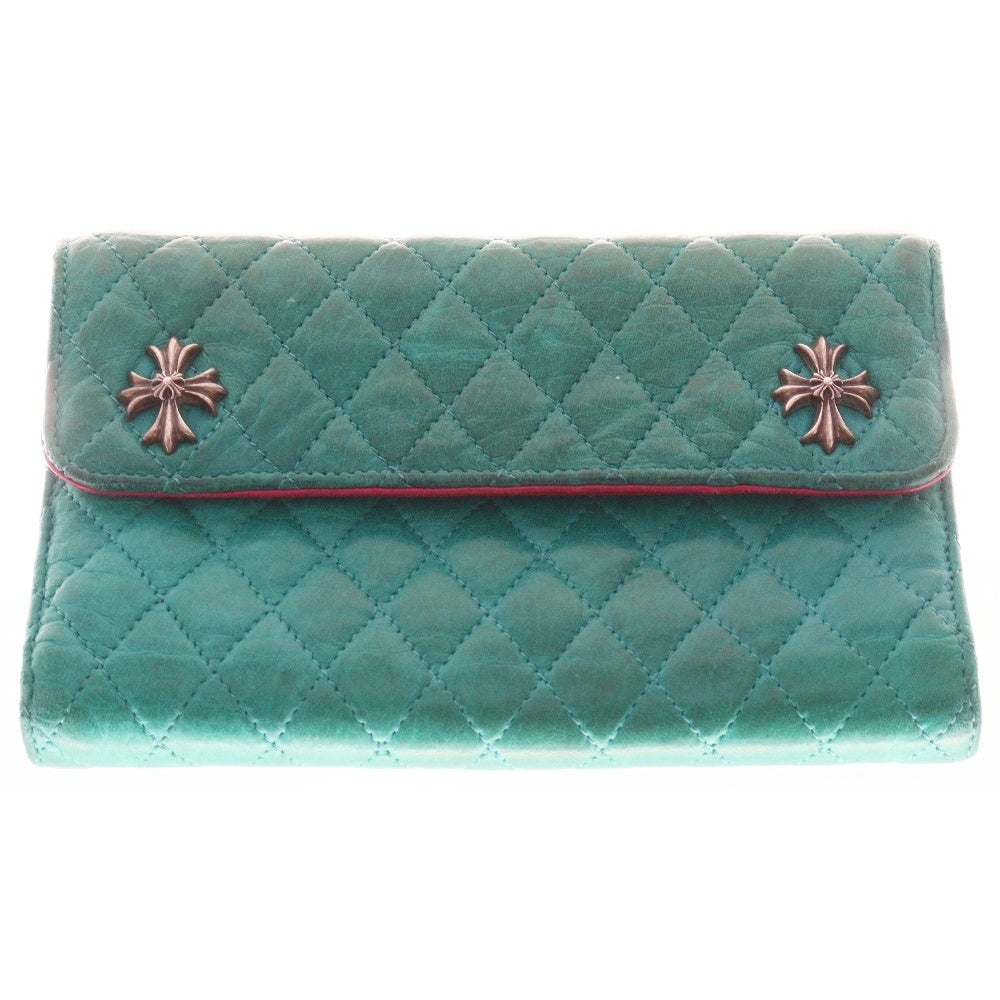 CHROME HEARTS(クロムハーツ) WAVE4 QLT 3SNP #4ウェーブキルティングレザーウォレット財布 グリーン/ピンク/シルバー