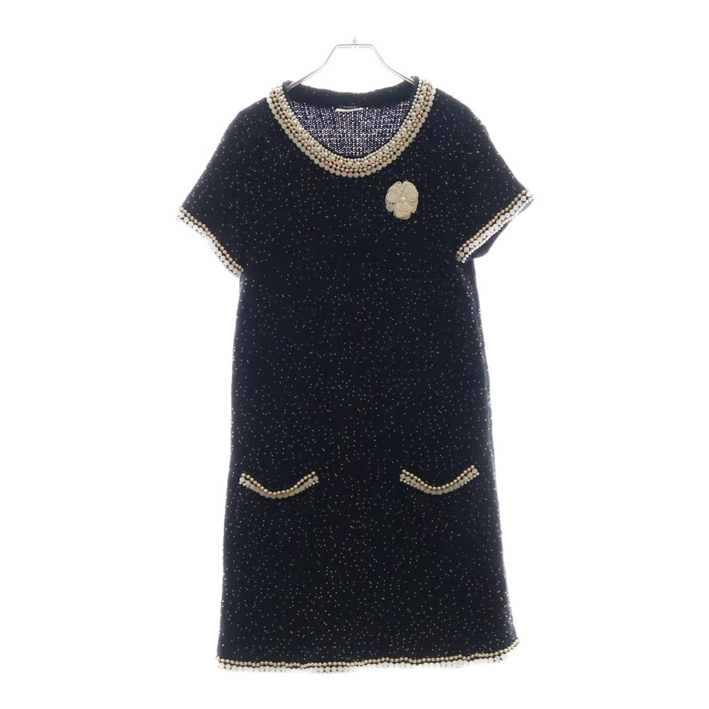 CHANEL(シャネル) 05A パール装飾 カシミヤニットウール カメリア 半袖ワンピース ブラック レディース P27344V20018
