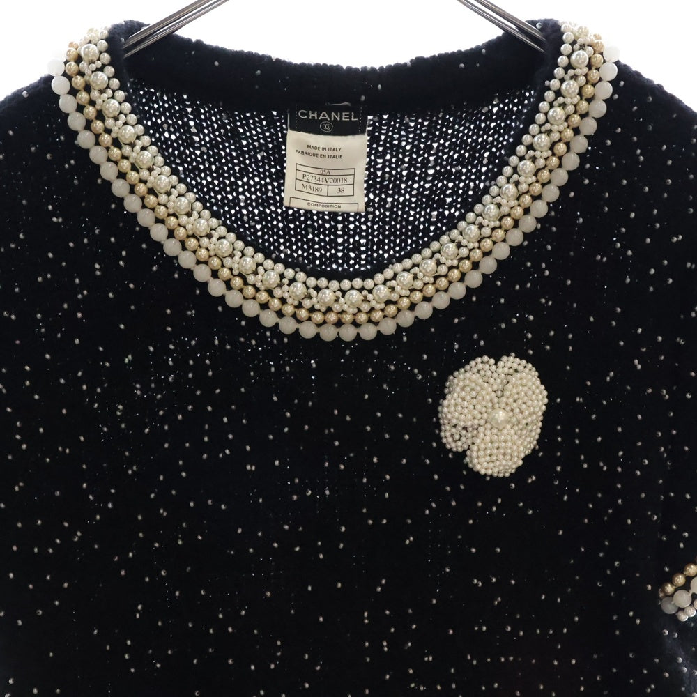 CHANEL(シャネル) 05A パール装飾 カシミヤニットウール カメリア 半袖ワンピース ブラック レディース P27344V20018