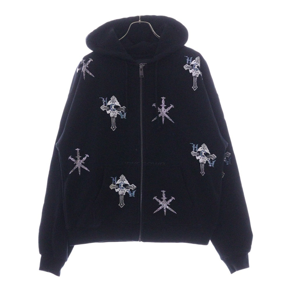 UNKNOWN LONDON(アンノーンロンドン) RHINESTONE HOODIE ラインストーン ジップアップパーカー ブラック DK-T5-UK