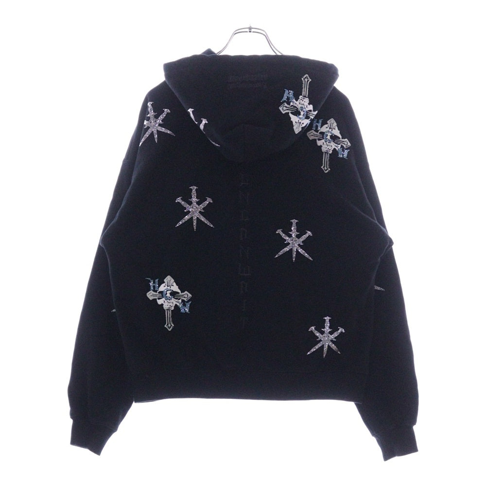 UNKNOWN LONDON(アンノーンロンドン) RHINESTONE HOODIE ラインストーン ジップアップパーカー ブラック DK-T5-UK