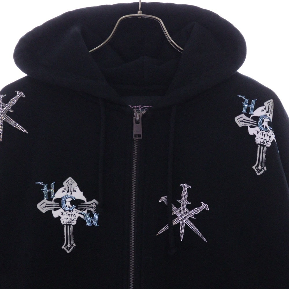 UNKNOWN LONDON(アンノーンロンドン) RHINESTONE HOODIE ラインストーン ジップアップパーカー ブラック DK-T5-UK