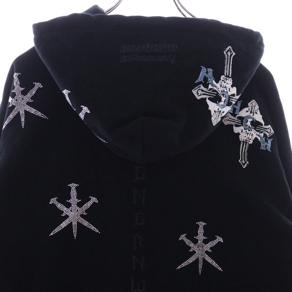 UNKNOWN LONDON(アンノーンロンドン) RHINESTONE HOODIE ラインストーン ジップアップパーカー ブラック DK-T5-UK
