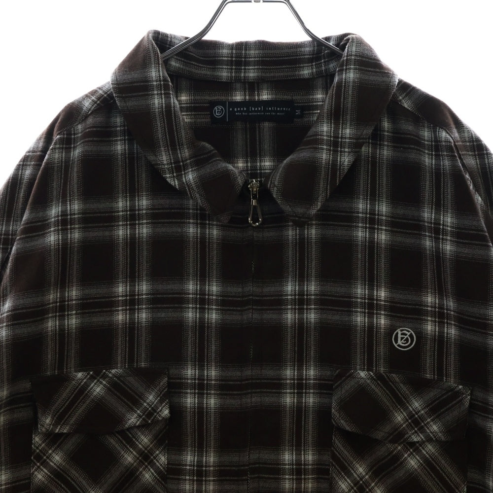 A GOOD BAD INFLUENCE(アグッドバッドインフレンス) ZIP PLAID SHIRT BROWN ロゴ刺繍 ジップアップ チェックシャツ ブラウン