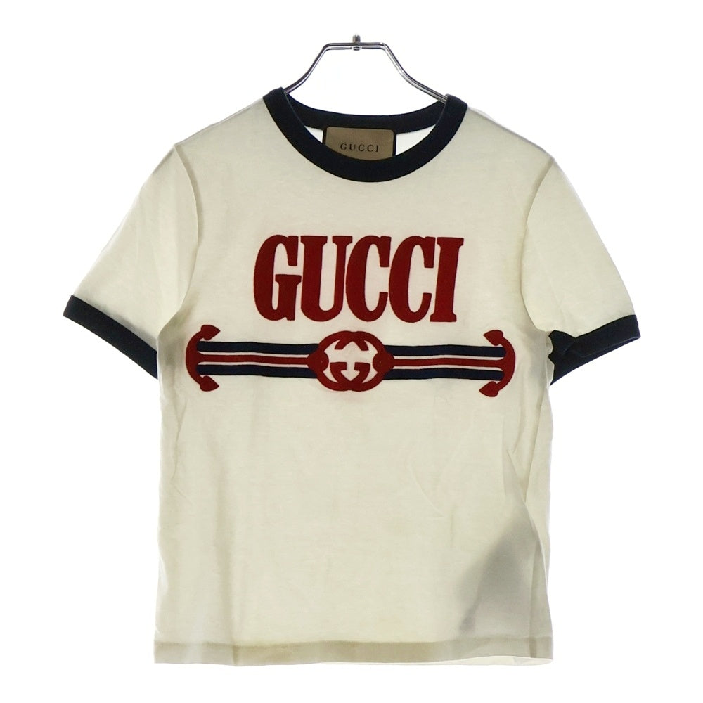 GUCCI(グッチ) ロゴ刺繍 クルーネック ショート半袖Tシャツ 723566 ホワイト レディース