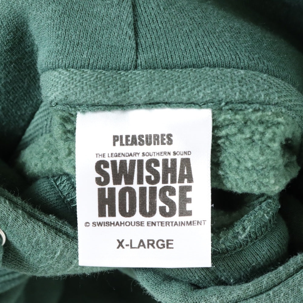PLEASURES(プレジャーズ) SWISHA HOUSE ロゴプリント フーディプルオーバーパーカー IND4000C グリーン
