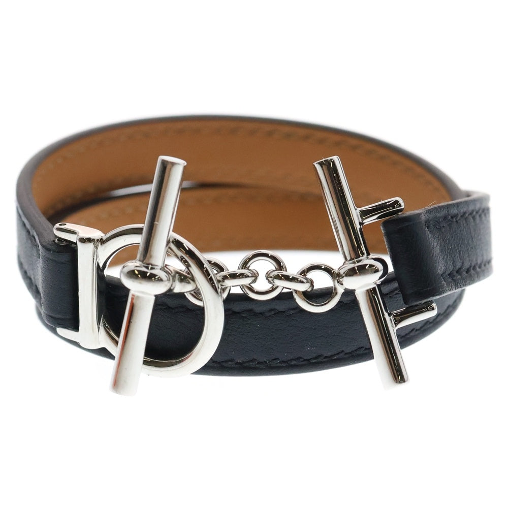 HERMES(エルメス) クロワジエール ドゥブルトゥール レザーブレスレット ブラック/シルバー K刻印