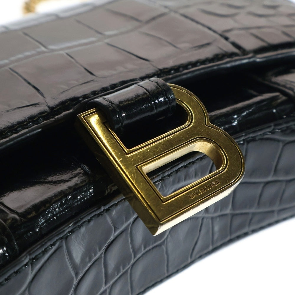 BALENCIAGA(バレンシアガ) 2WAY HOURGLASS クロコ型押し ゴールドチェーン ショルダーバッグウォレット 656050 ブラック