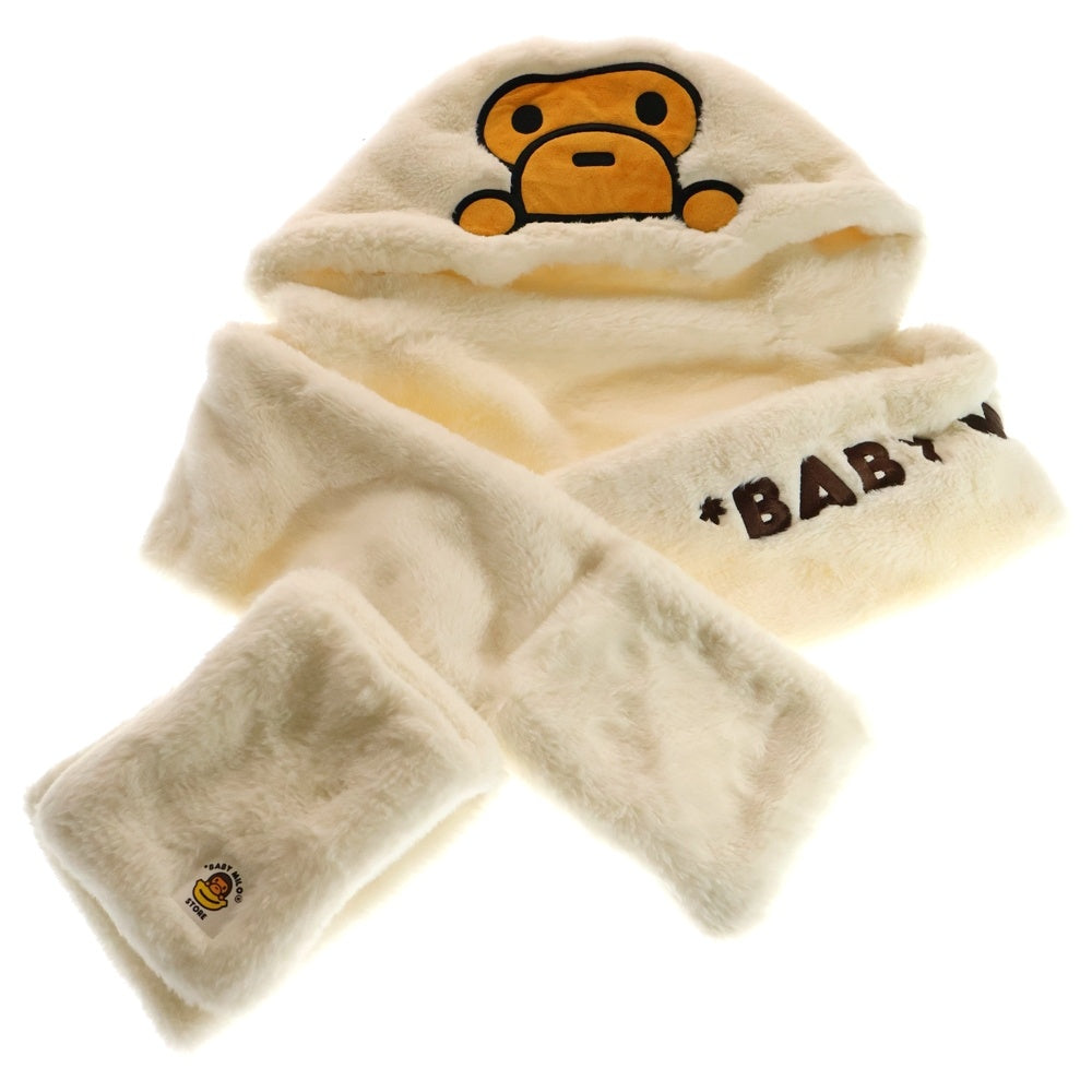 A BATHING APE(アベイシングエイプ) BABY MILO ロゴ刺繍 ファー フーディマフラー ホワイト