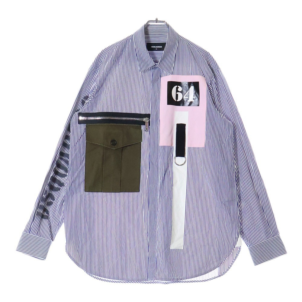DSQUARED2(ディースクエアード) スプレーロゴ パッチワーク ストライプ長袖シャツ ブルー S74DM0199 S42342
