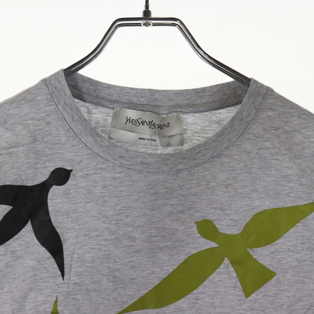 YVES SAINT LAURENT(イヴサンローラン) 総柄バードプリント 半袖クルーネックTシャツカットソー グレー