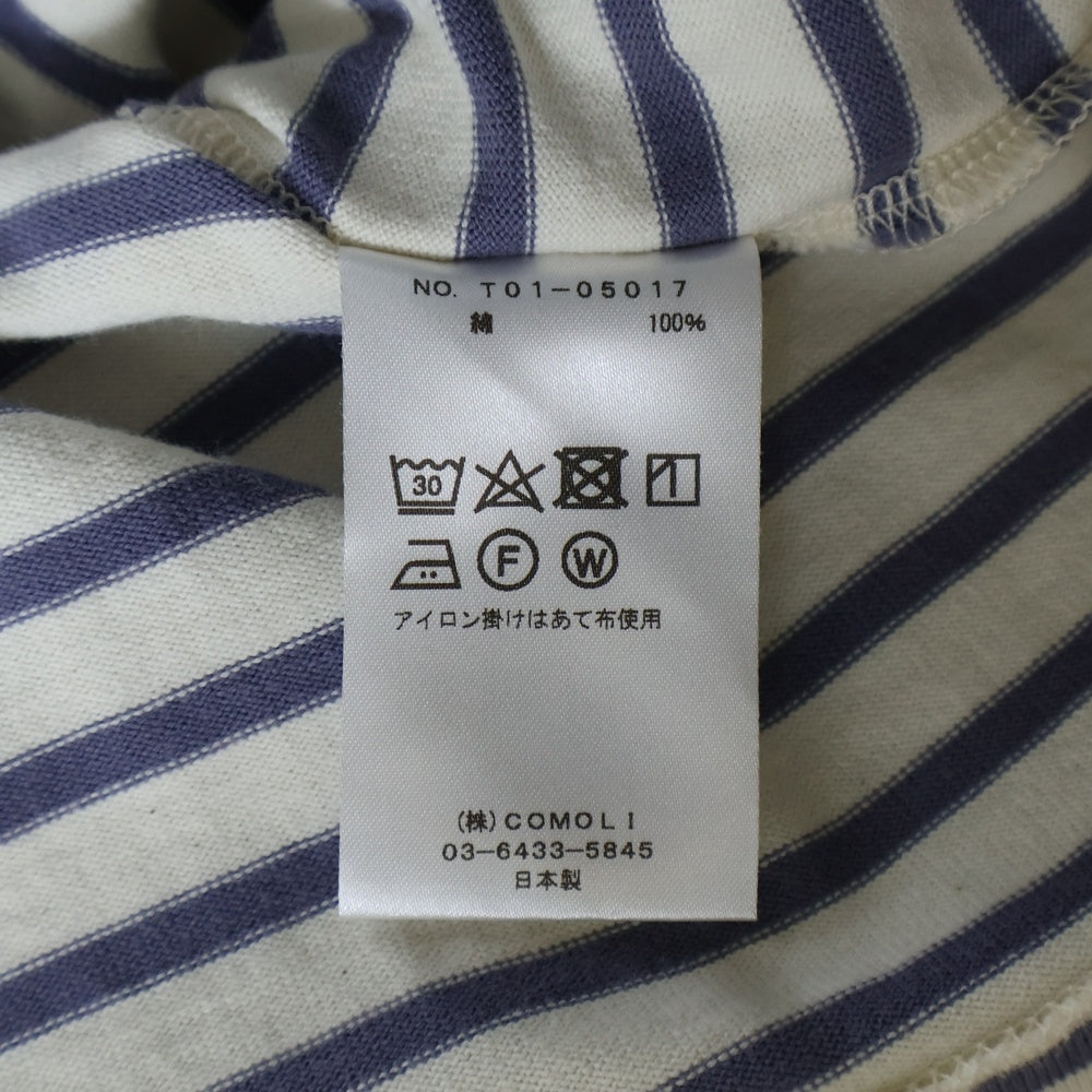 COMOLI(コモリ) 21SS ボートネック ボーダーロングスリーブTシャツ ホワイト/パープル