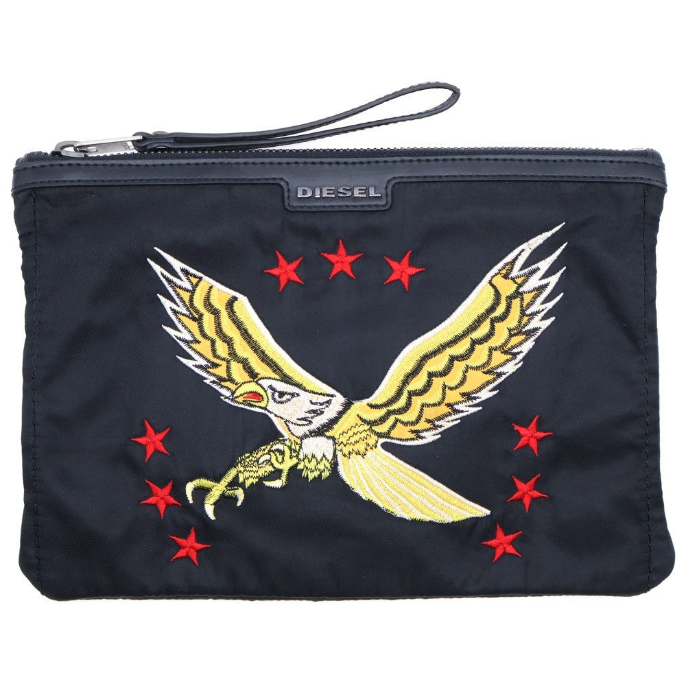 DIESEL(ディーゼル) イーグル刺繍 ナイロンクラッチバッグ ブラック