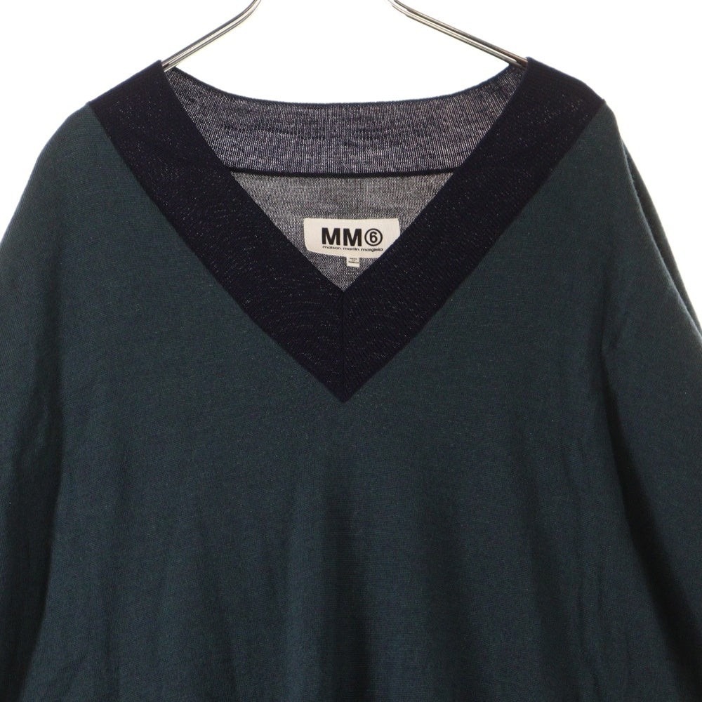 MM6 Maison Margiela(エムエムシックスメゾンマルジェラ) Vネック ニット半袖カットソー グリーン/ネイビー レディース