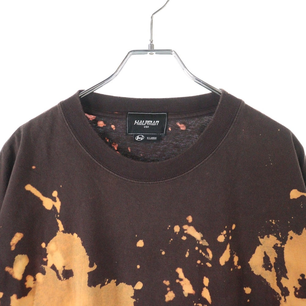 HALFMAN(ハーフマン) ブリーチ加工 ロゴプリント クルーネック半袖Tシャツ ブラウン