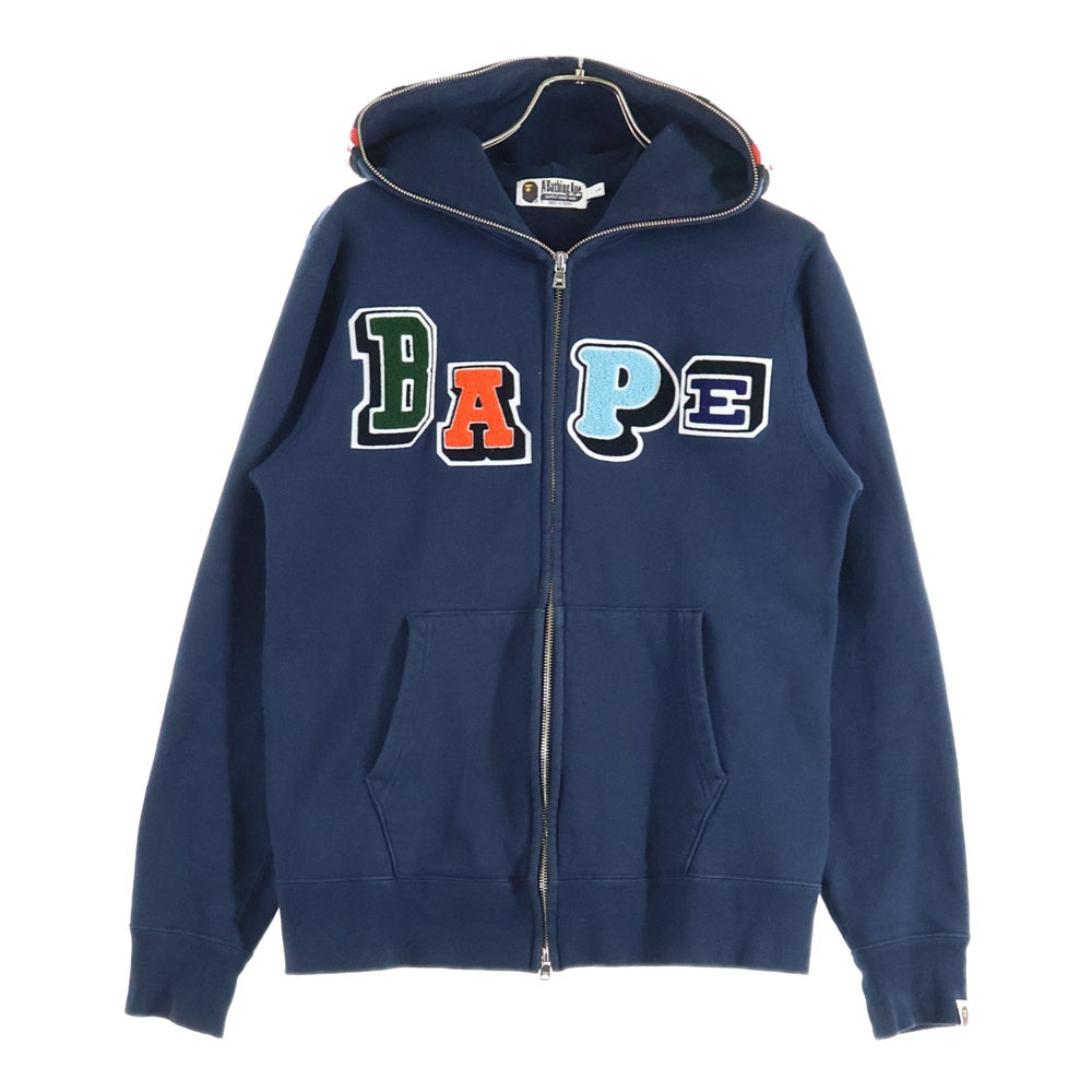 A BATHING APE(アベイシングエイプ) MULTIFONT SSHARK FULLZIP ロゴワッペン シャーク フルジップパーカー ネイビー 001ZPI301001M