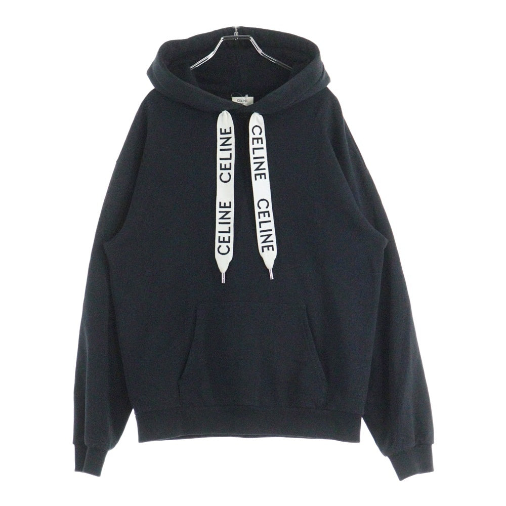 【美品】セリーヌ　ドローコードロゴ　パーカー　ブラック CELINE(セリーヌ) ロゴドローコード プルオーバーパーカー ブラック