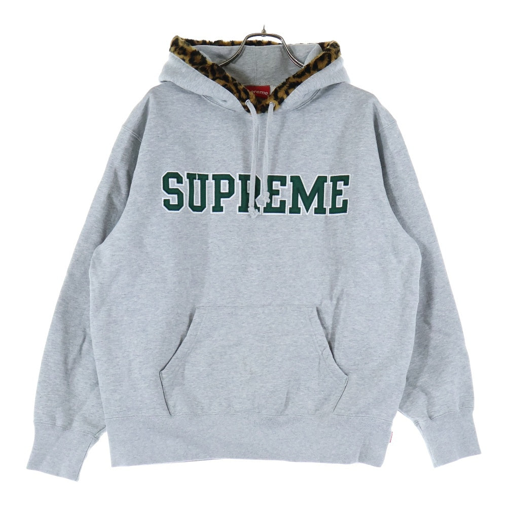 SUPREME(シュプリーム) 21AW Leopard Trim Hooded Sweatshirt レオパードフーディ フロントロゴ プルオーバーパーカー グレー