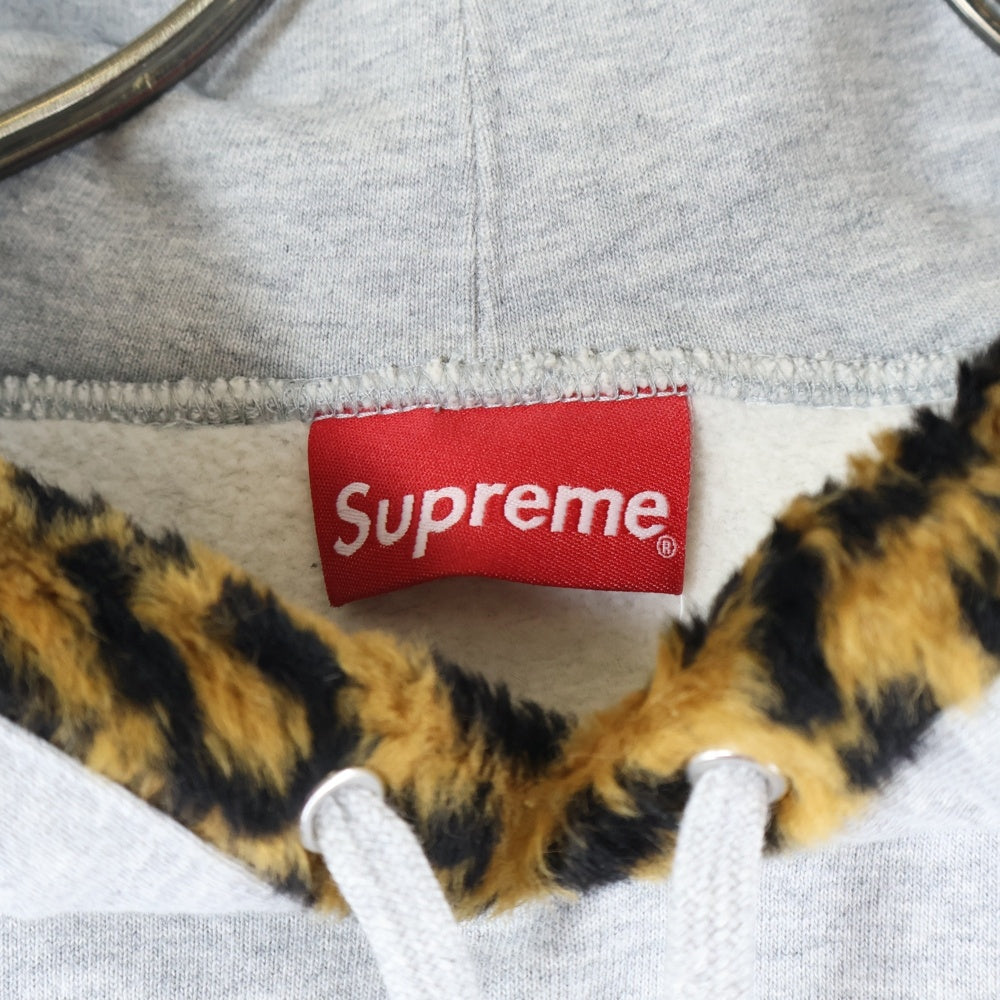 SUPREME(シュプリーム) 21AW Leopard Trim Hooded Sweatshirt レオパードフーディ フロントロゴ プルオーバーパーカー グレー