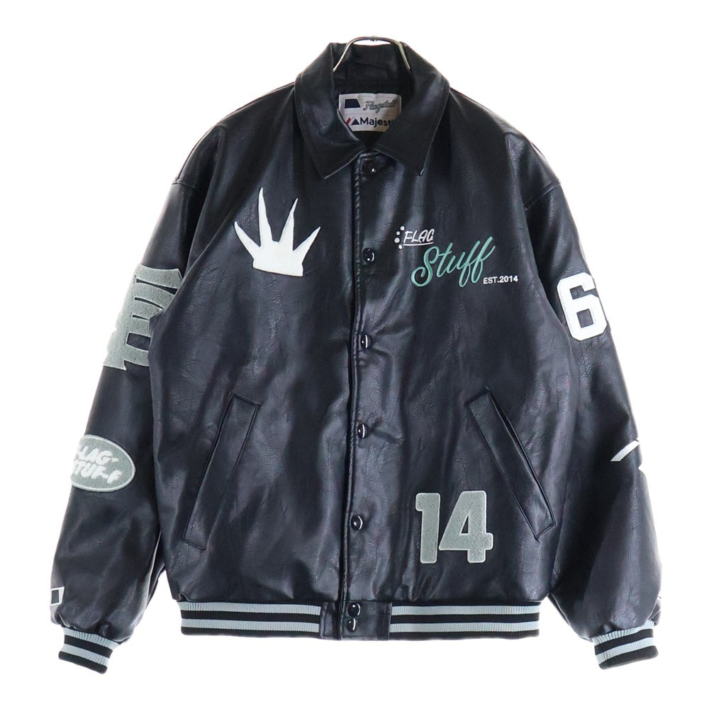 F-LAGSTUF-F(フラグスタフ) Flag Staff×Majestic ロゴ刺繍 ワッペン付き フェイクレザー スタジアムジャケット ブラック 23AW-FS-02