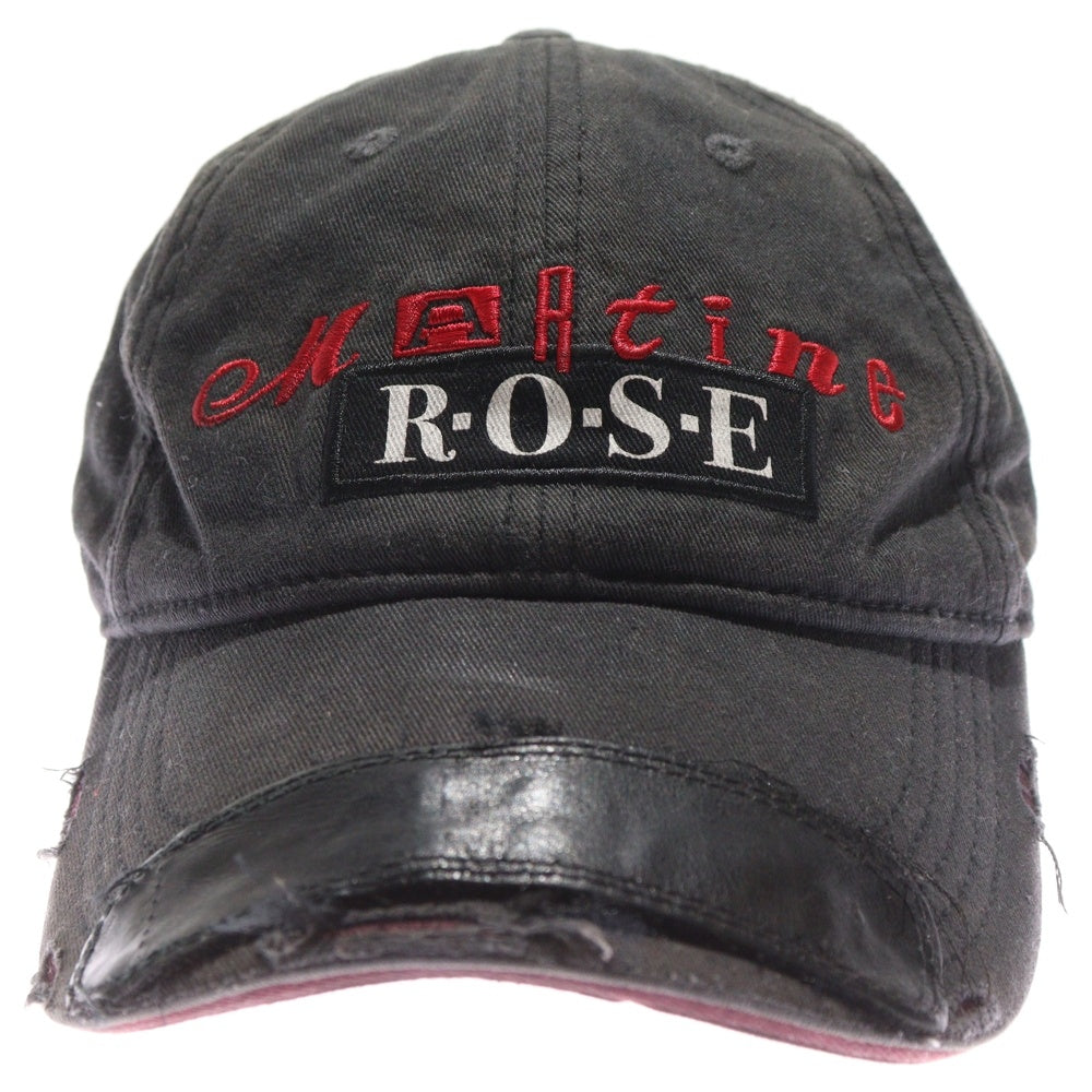 MARTINE ROSE(マーティンローズ) ROLL BACK CAP LEATHER PATCH ロゴ刺繍 レザーパッチ ダメージ加工 キャップ ブラック