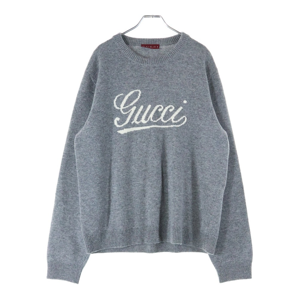 GUCCI(グッチ) ロゴ刺繍 インターシャ ウールニットセーター グレー 795347