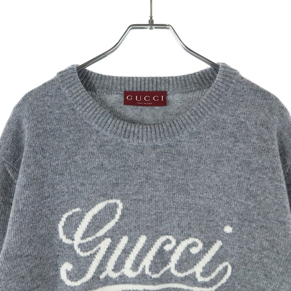 GUCCI(グッチ) ロゴ刺繍 インターシャ ウールニットセーター グレー 795347