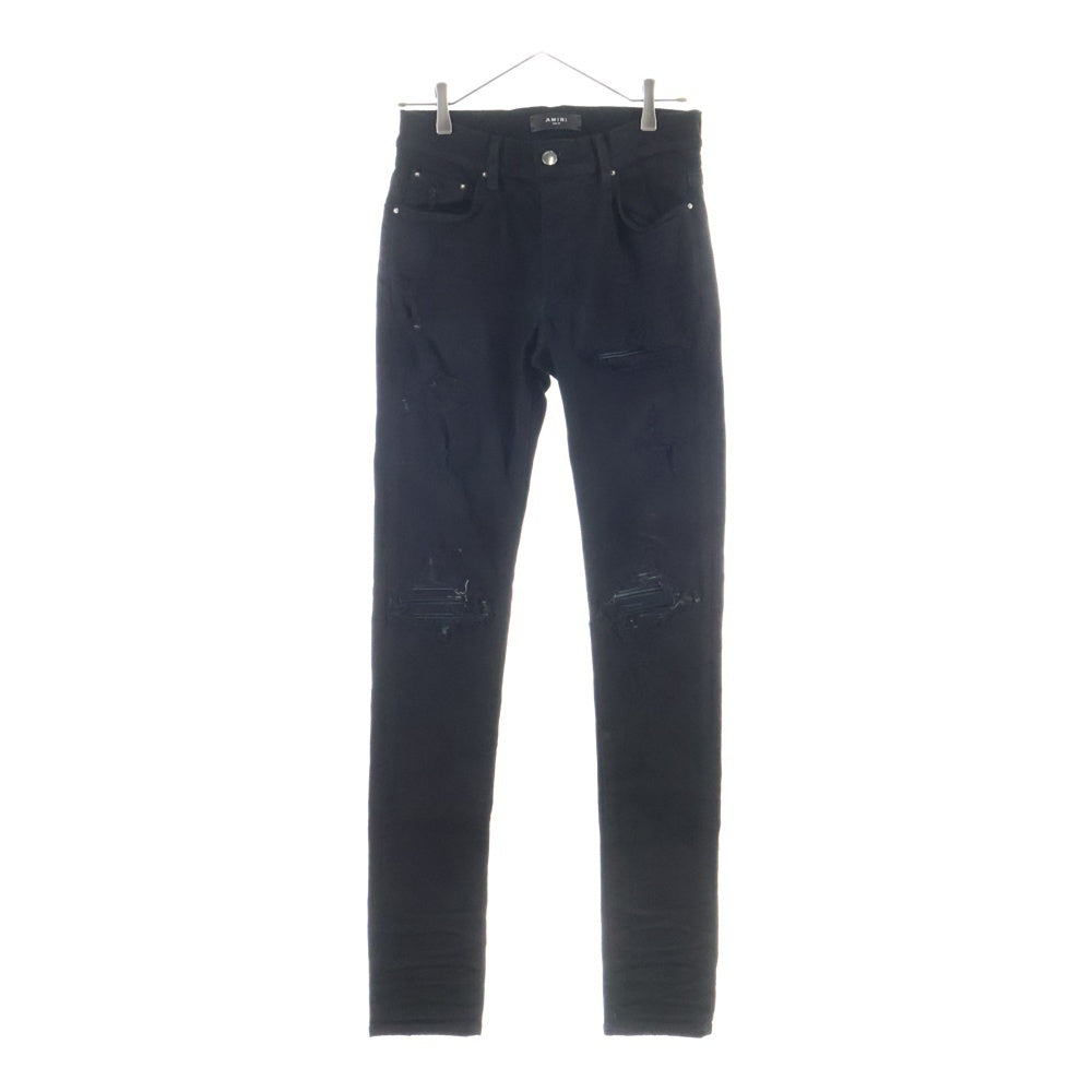 AMIRI(アミリ) レザー蛇腹 バイカークラッシュ ストレッチ スキニーデニムパンツ ブラック SR1PXMD001SAMDSI