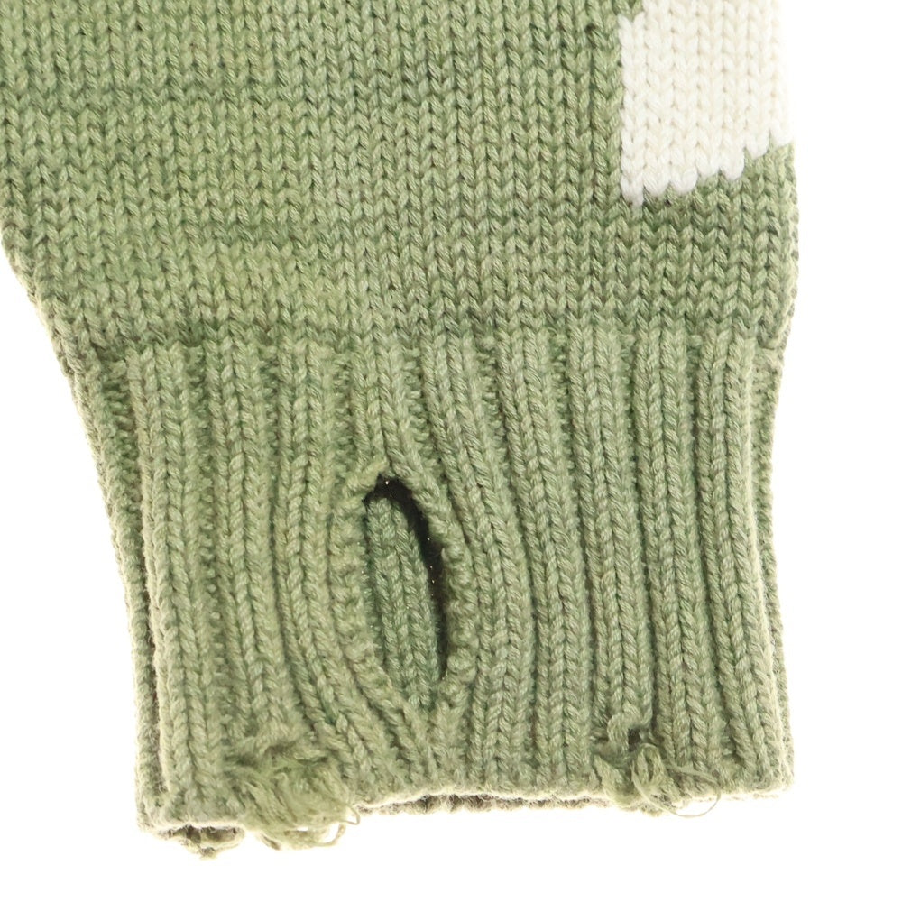 KAPITAL(キャピタル) 5G cotton knit BONE crew sweater バックボーンデザイン ダメージニットセーター カーキ