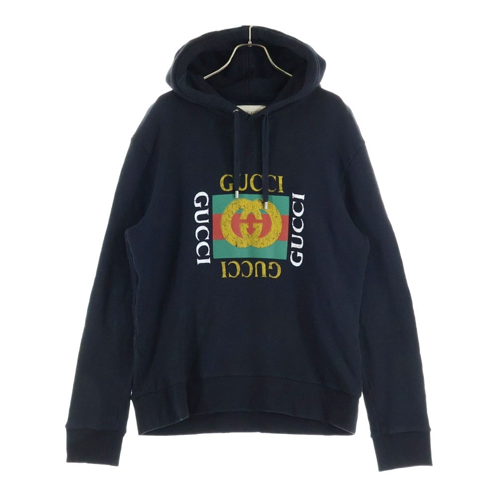 美品 グッチ ヴィンテージ加工 パーカー 454585 プリント フード付き 黒 GUCCI(グッチ) ヴィンテージ加工フーデッドプリント プルオーバー