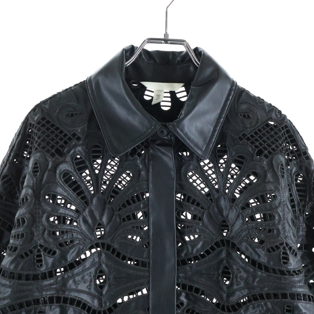 H&M(エイチアンドエム) フローラル装飾 フェイクレザー シャツジャケット ブラック レディース
