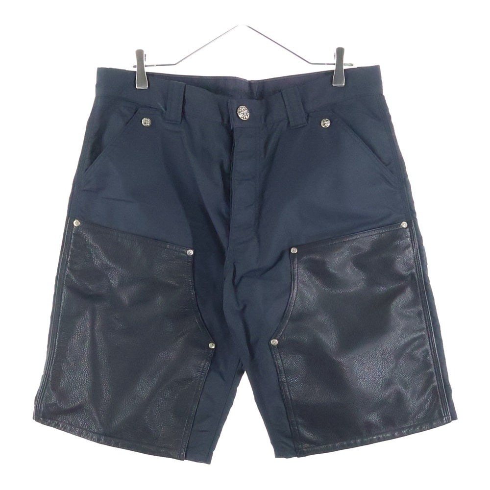 CHROME HEARTS(クロムハーツ) CARPENTER クロスパッチ付きレザー切替ナイロンカーペンターハーフパンツ ネイビー/ブラック