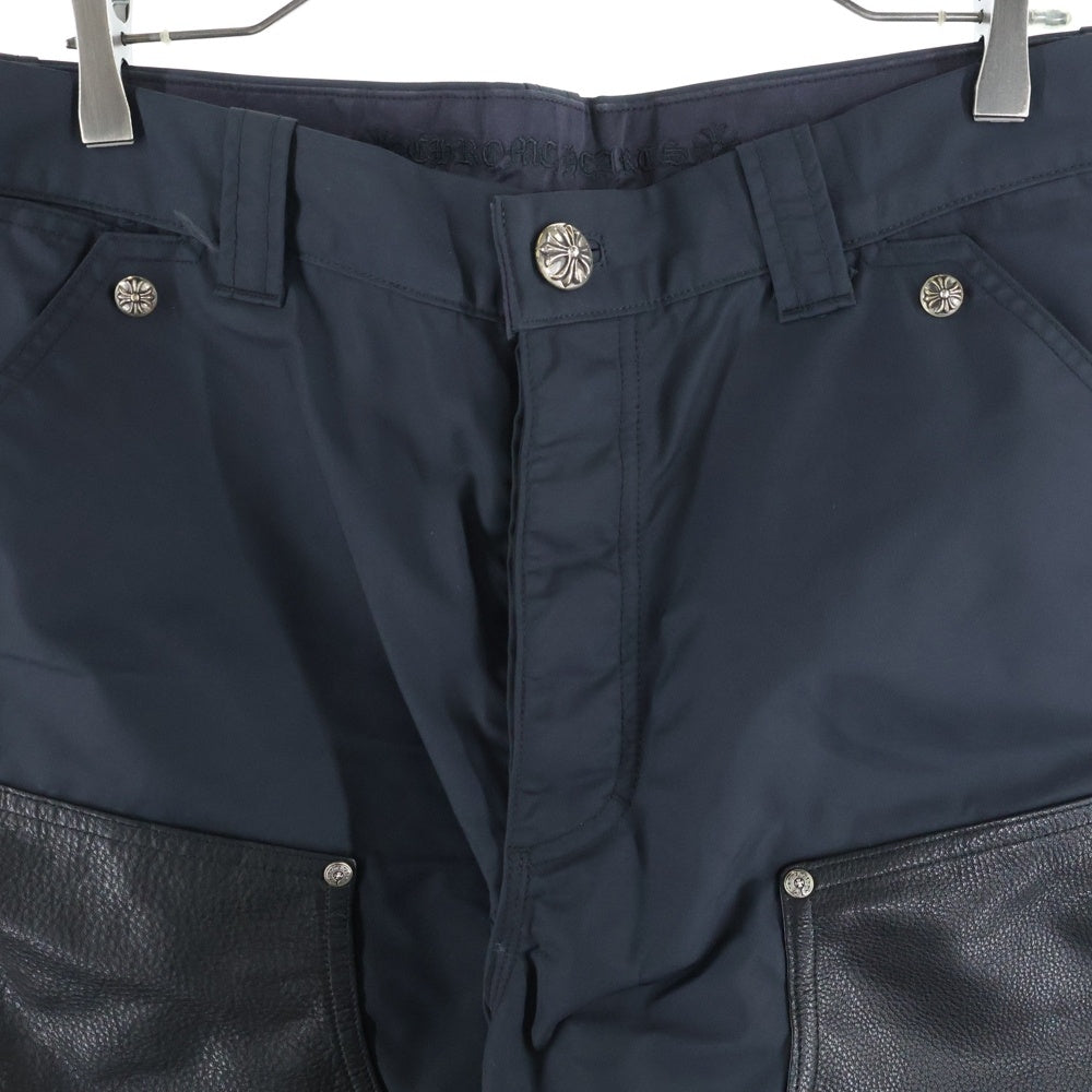 CHROME HEARTS(クロムハーツ) CARPENTER クロスパッチ付きレザー切替ナイロンカーペンターハーフパンツ ネイビー/ブラック
