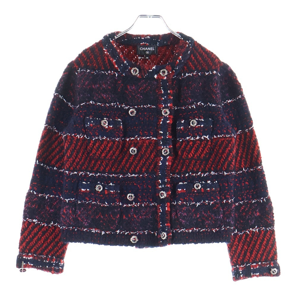 CHANEL(シャネル) Tweed Jacket シルク アルパカ混 ノーカラー ツイードジャケット P75716 ネイビー/レッド レディース