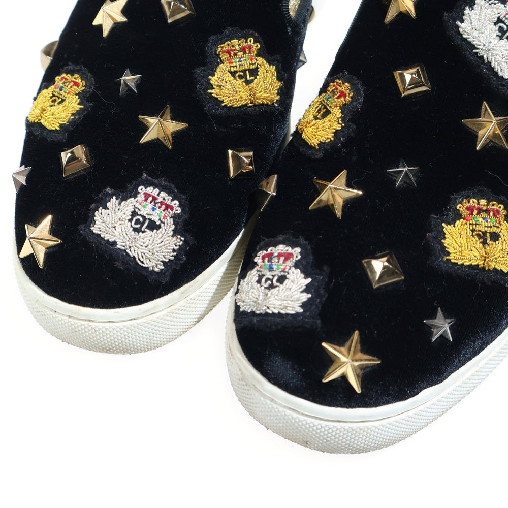 CHRISTIAN LOUBOUTIN(クリスチャンルブタン) スタッズ マルチワッペン装飾 ベロアスリッポン シューズ ブラック レディース