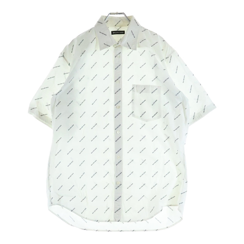 BALENCIAGA(バレンシアガ) 18SS ロゴ総柄 フロントポケット ボタンダウン半袖シャツ ホワイト 534332 TBL96