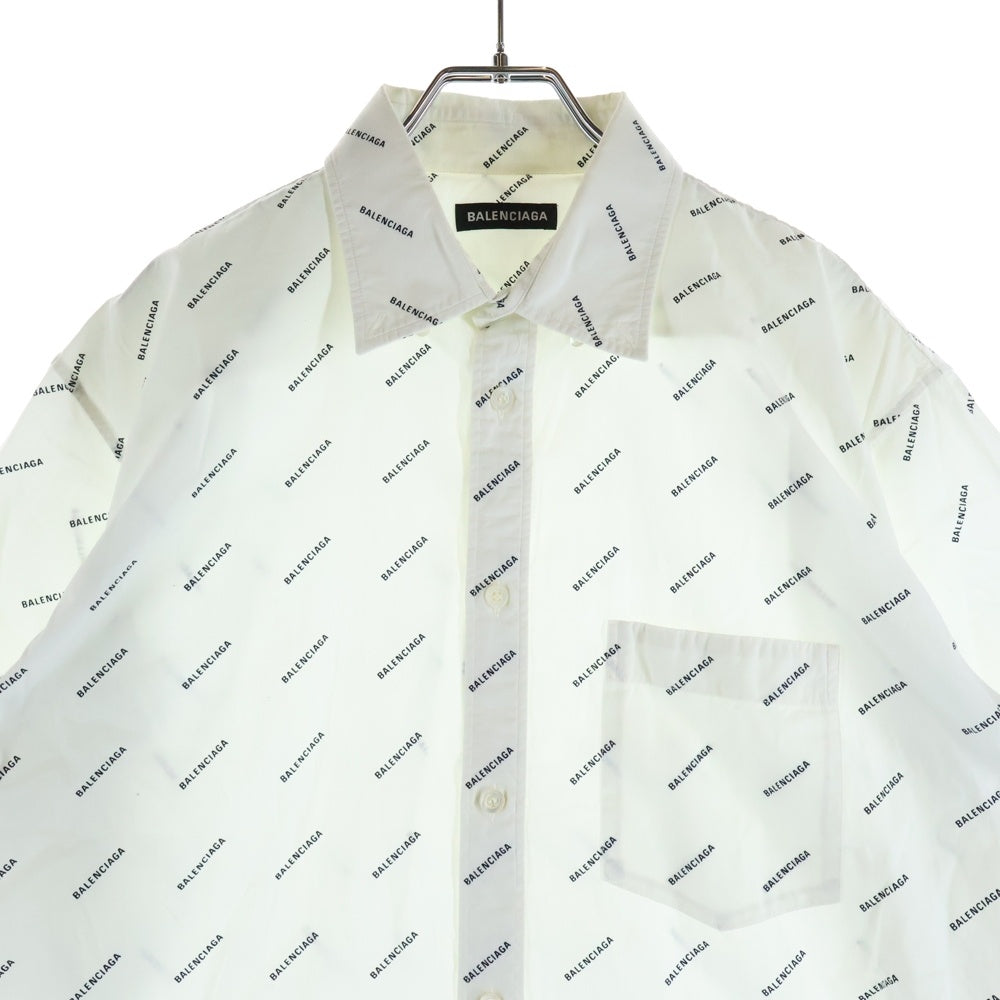 BALENCIAGA(バレンシアガ) 18SS ロゴ総柄 フロントポケット ボタンダウン半袖シャツ ホワイト 534332 TBL96