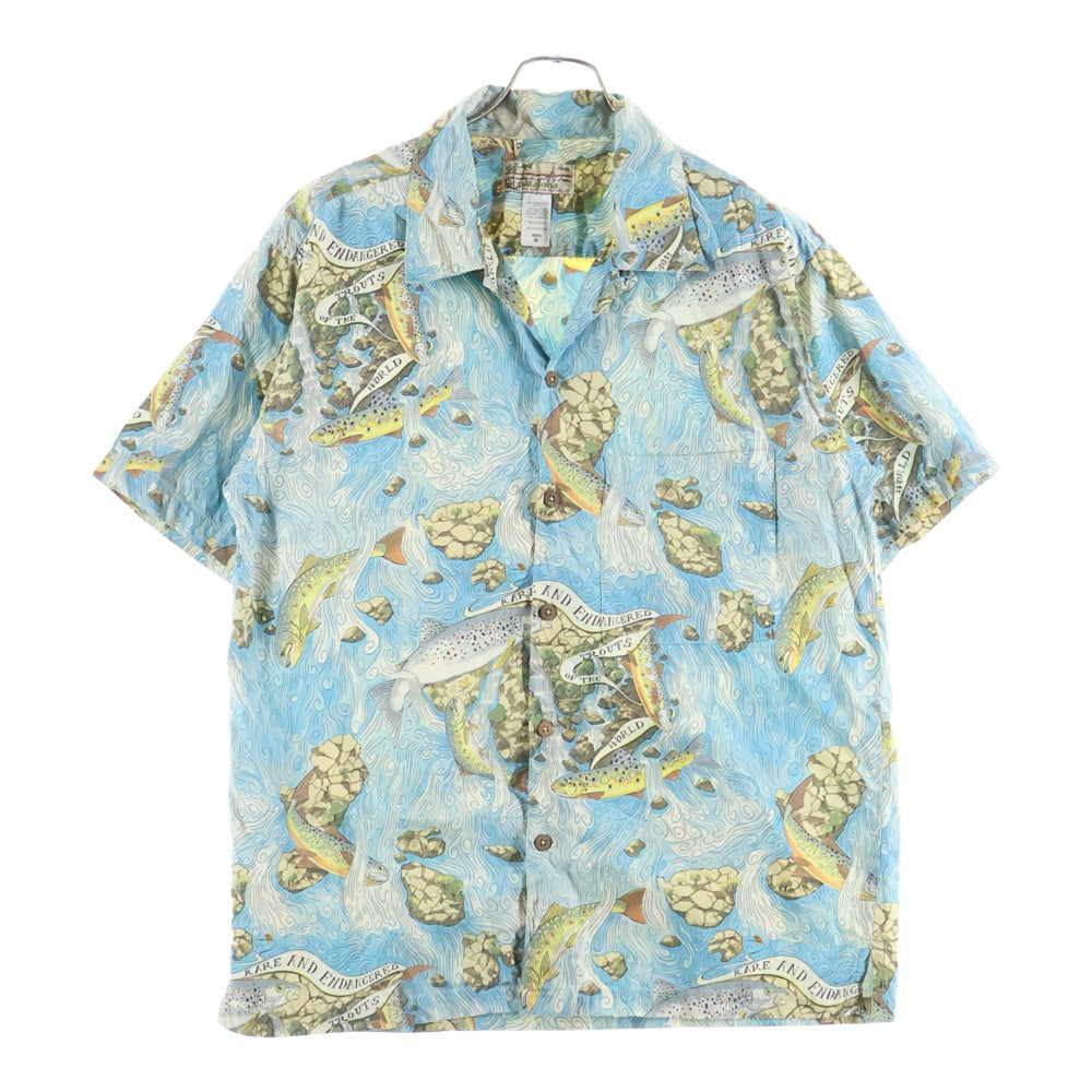 PATAGONIA(パタゴニア) 00s 05SS パタロハ ポルトガル製 LIMITED トラウト フィッシング 柄合わせ オーガニックコットン シルク混 アロハシャツ ブルー 総柄