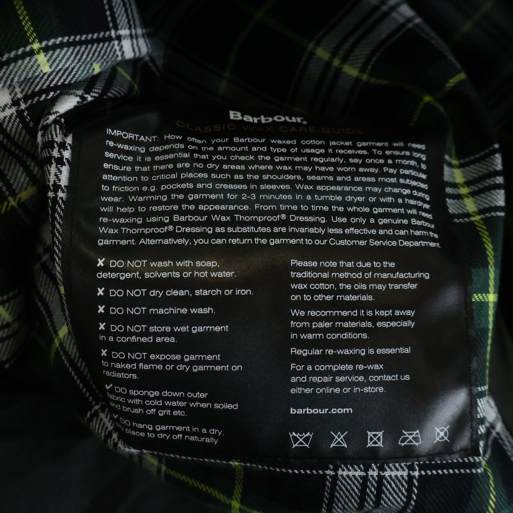 Barbour(バブアー) TRANSPORT トランスポート スタンドカラー ワックス オイルド タータンチェックライニング ジャケット カーキ