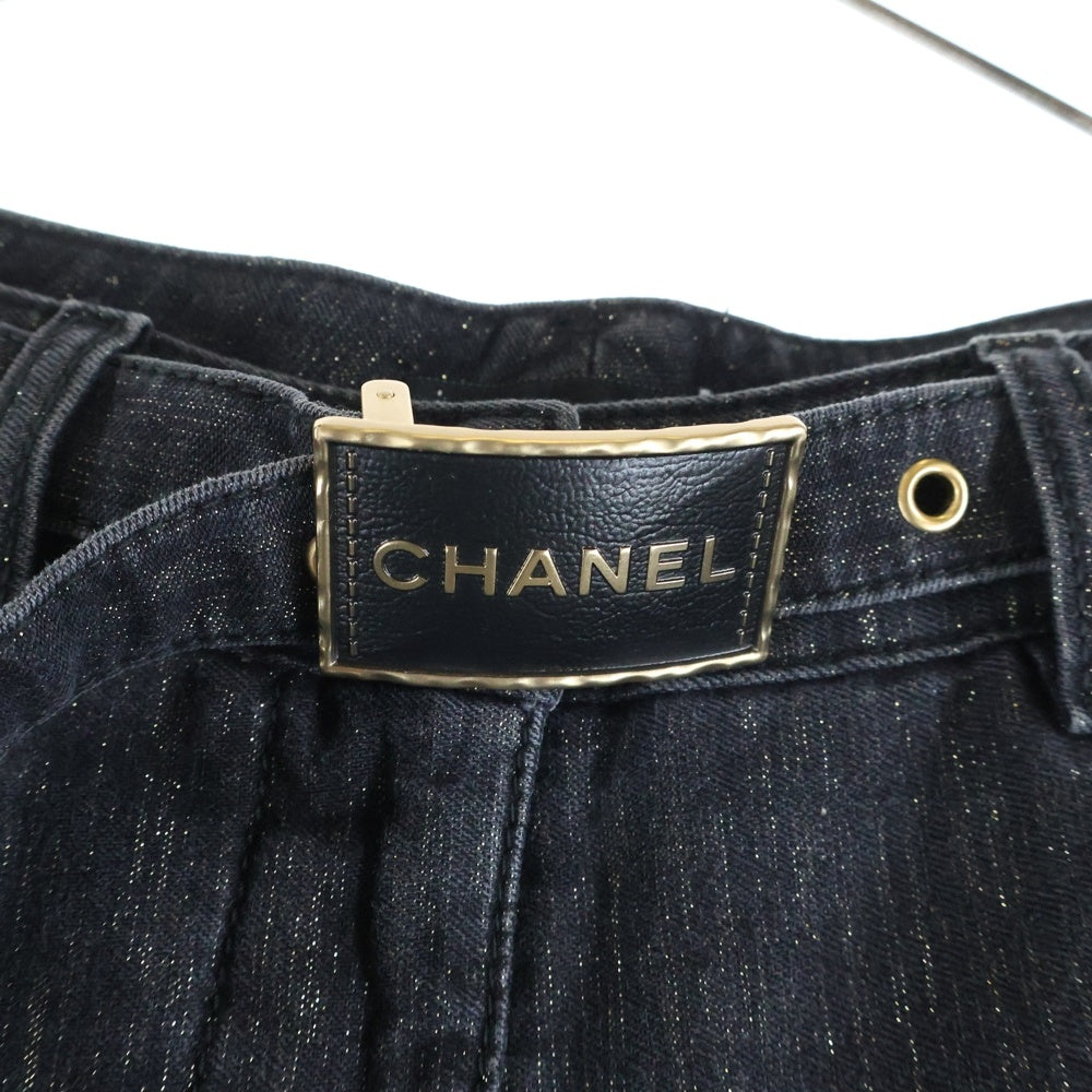 CHANEL(シャネル) ラメ加工 ロゴバックルベルト スーパーワイドデニムパンツ P74945 V66450 ブラック レディース
