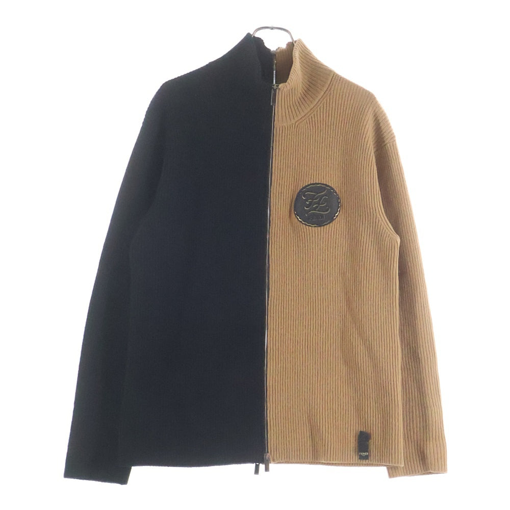 FENDI(フェンディ) 2トンカラー ジップアップ フロントアップリケロゴ ニットセーター ブラウン/ブラック