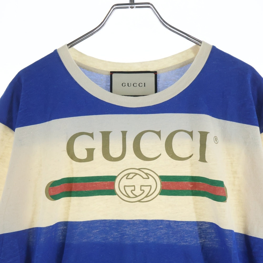 GUCCI(グッチ) 20SS ビンテージ加工 ボーダー Tシャツ クルーネックTシャツ ベージュ/ブルー