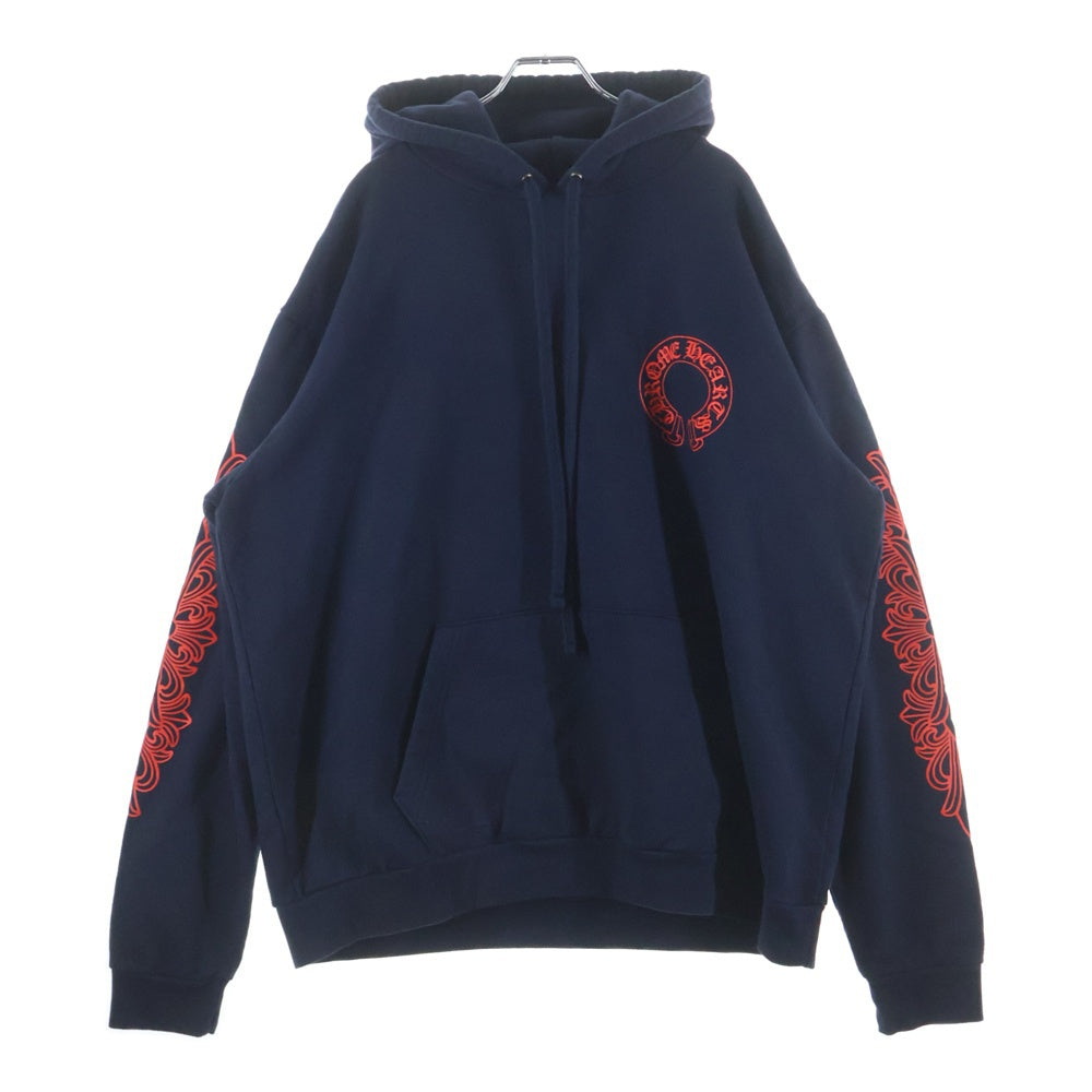 CHROME HEARTS(クロムハーツ) SWTSHRT PLVR バックホースシュー袖フローラルプリント フーディプルオーバーパーカー ネイビー/レッド