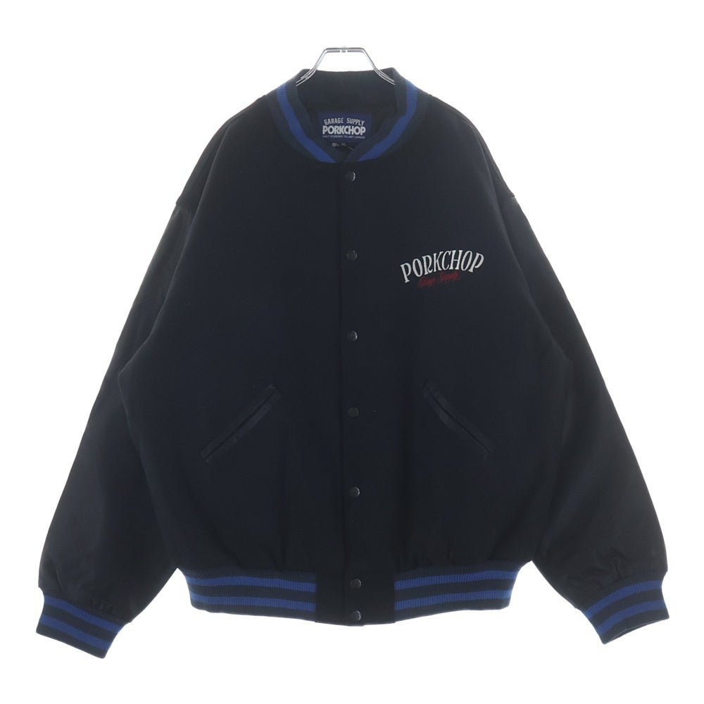 PORKCHOP(ポークチョップ) アームフェイクレザー バックロゴワッペン スタジアムジャケット ブラック